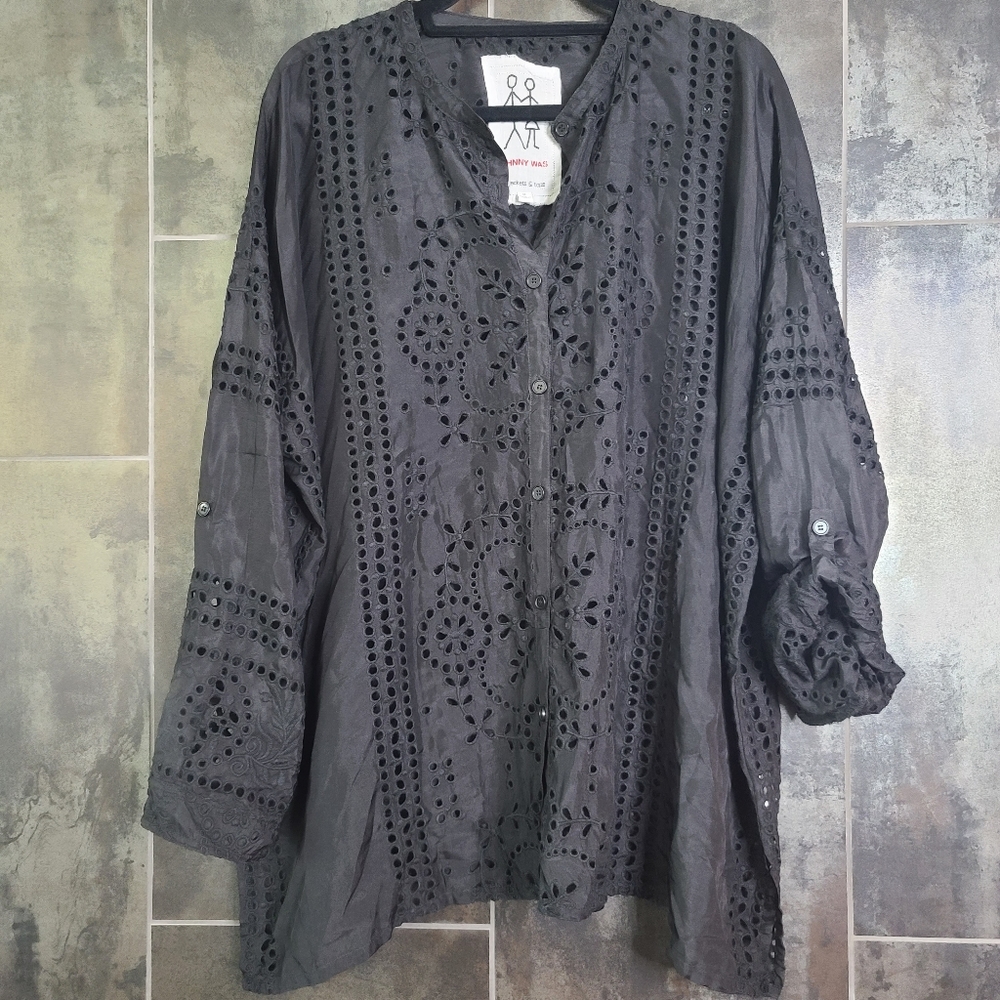 Johnny Was Black Silk Eyelet Roll Tab Blouse XL